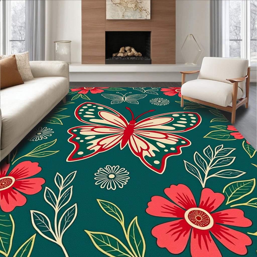 Coral Red Flowering Butterfly Garden Rug