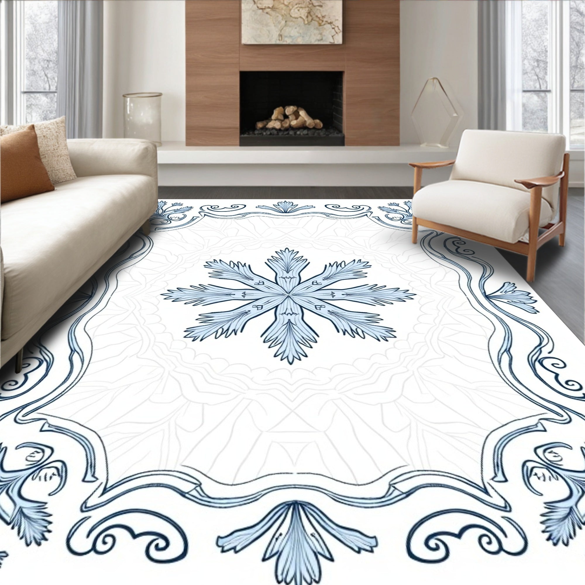 Light Blue Art Nouveau Floral Medallion Rug