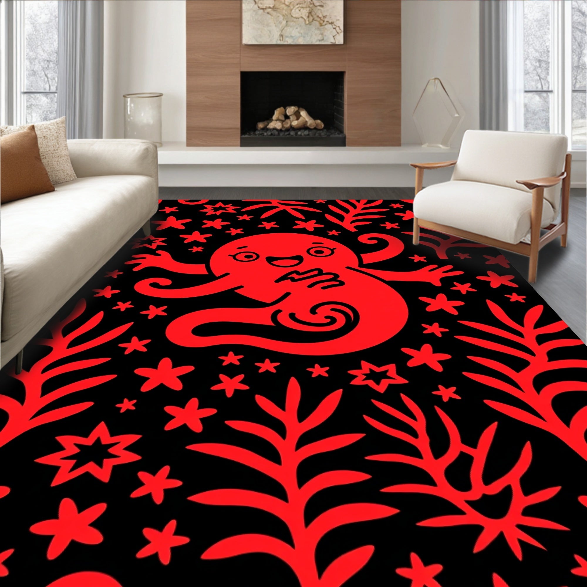 Playful Red Underwater Starry Creature Rug