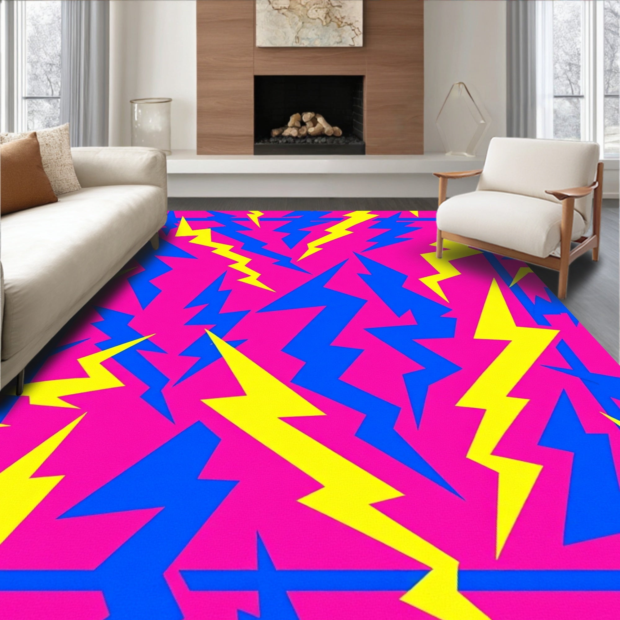 Electric Pink Yellow Blue Lightning Bolts Rug