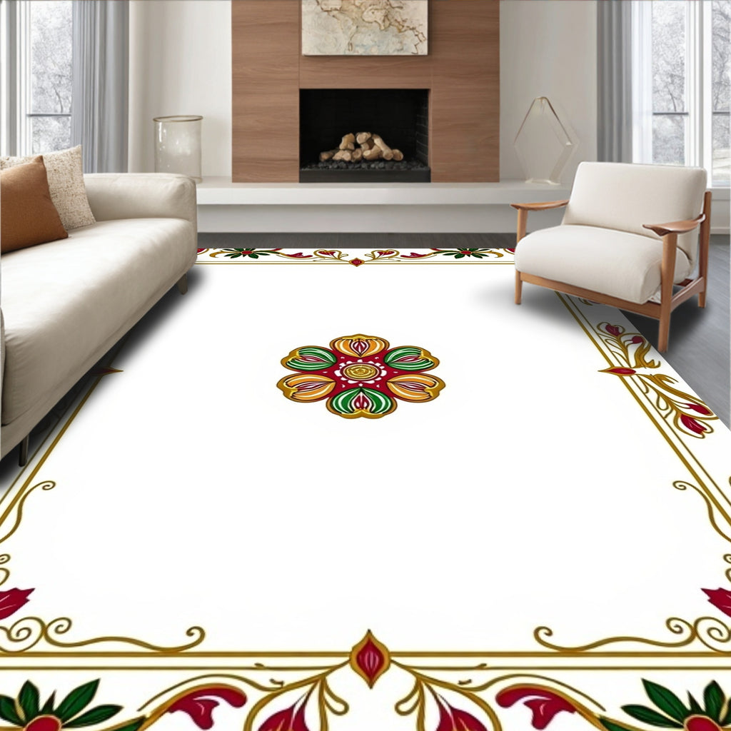 Rich Red Green Golden Floral Frame Rug