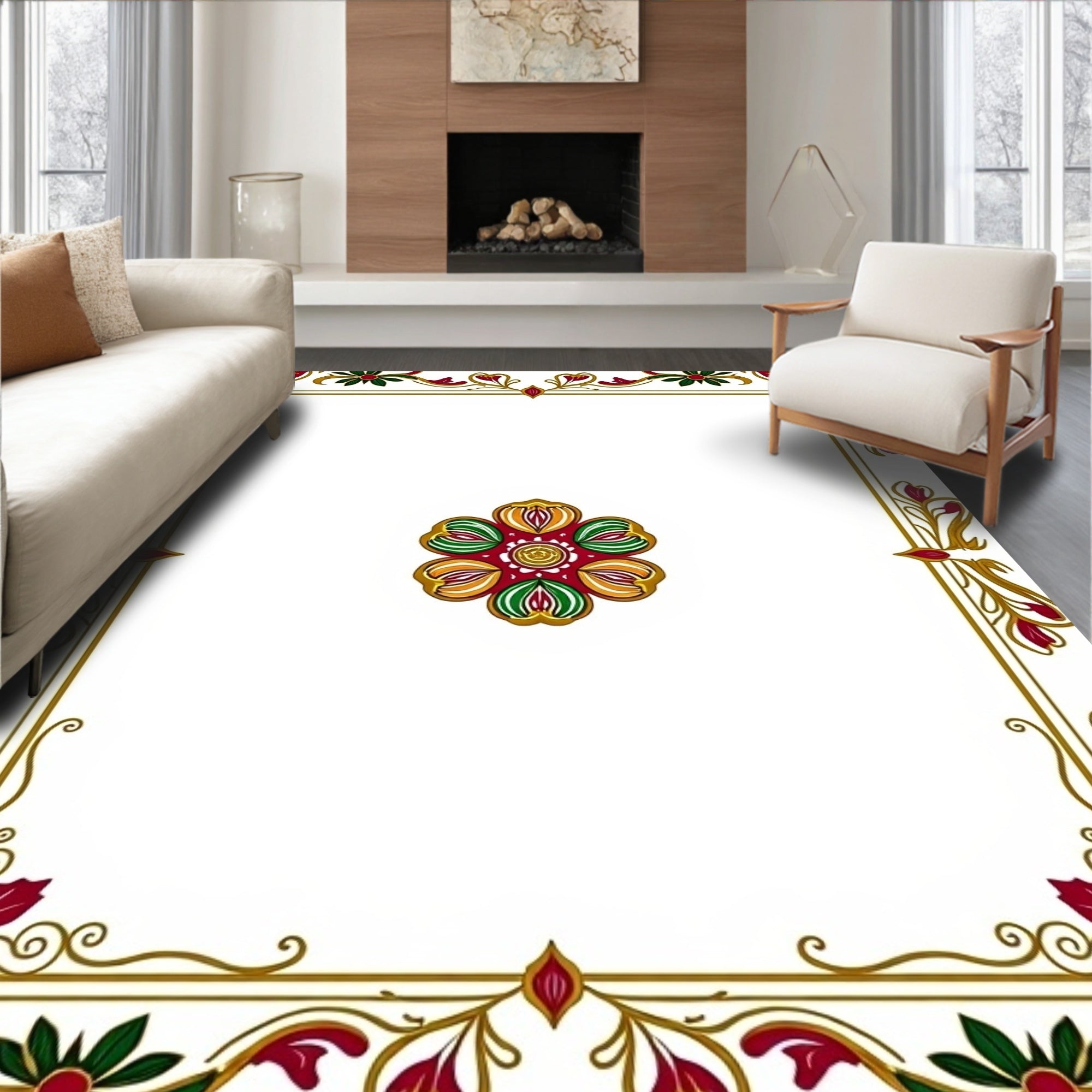 Rich Red Green Golden Floral Frame Rug