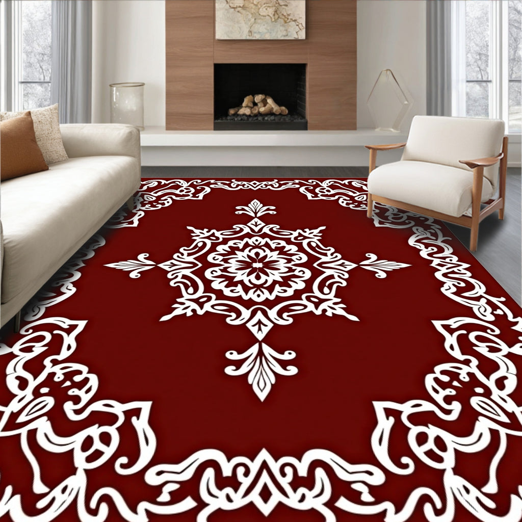 Deep Red Floral Lace Medallion Rug