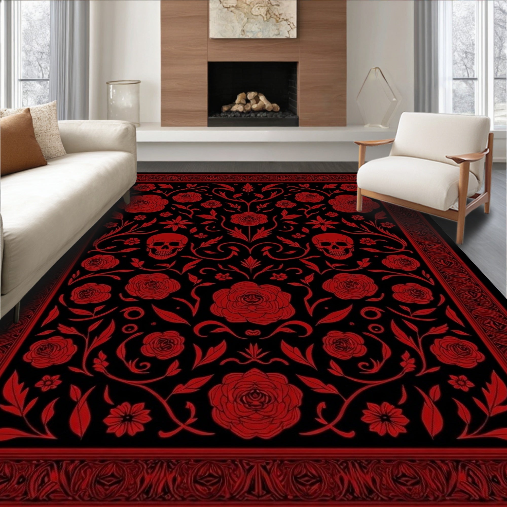 Crimson Skull Rose Gothic Garden Rug