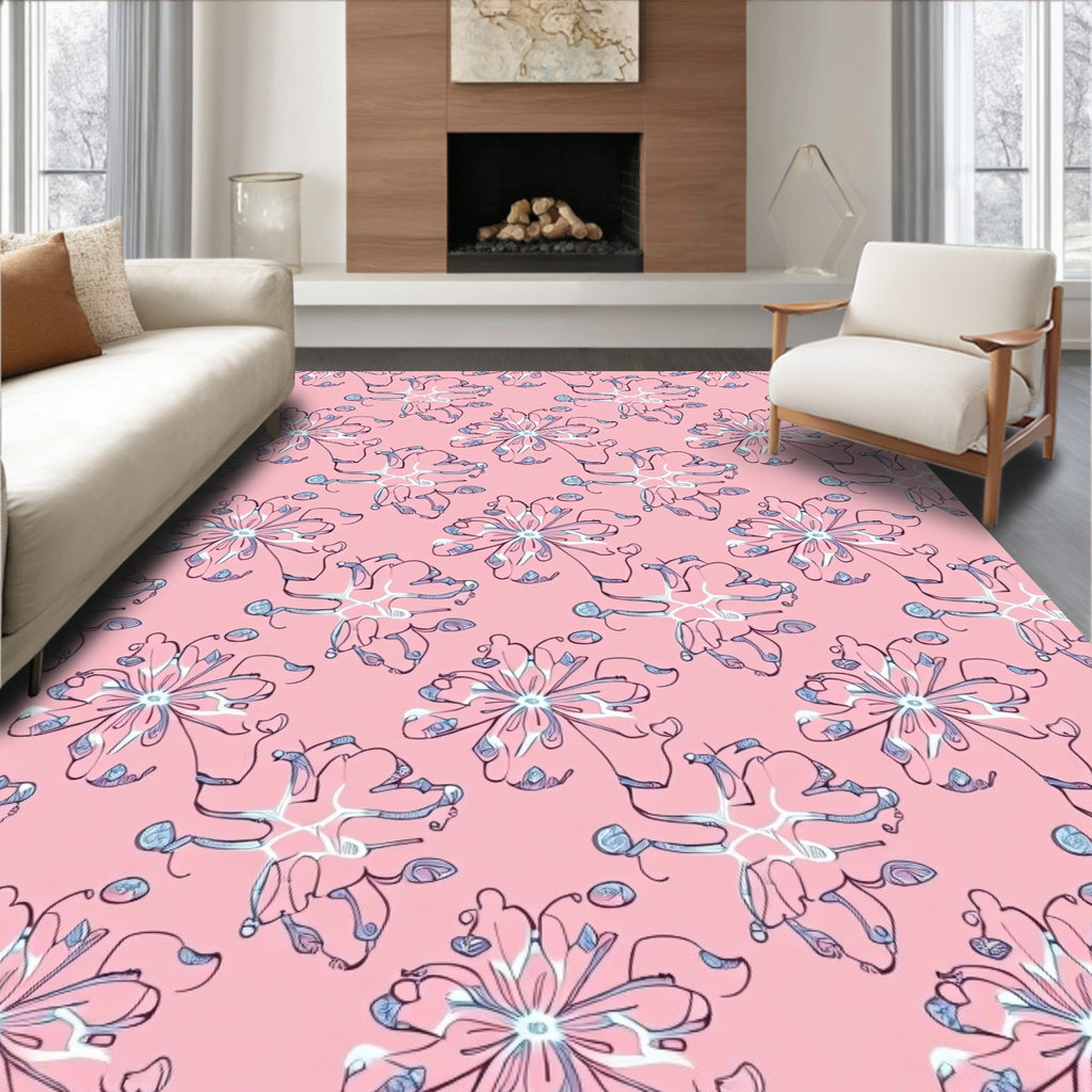 Pink Blue Sketchy Floral Bloom Rug