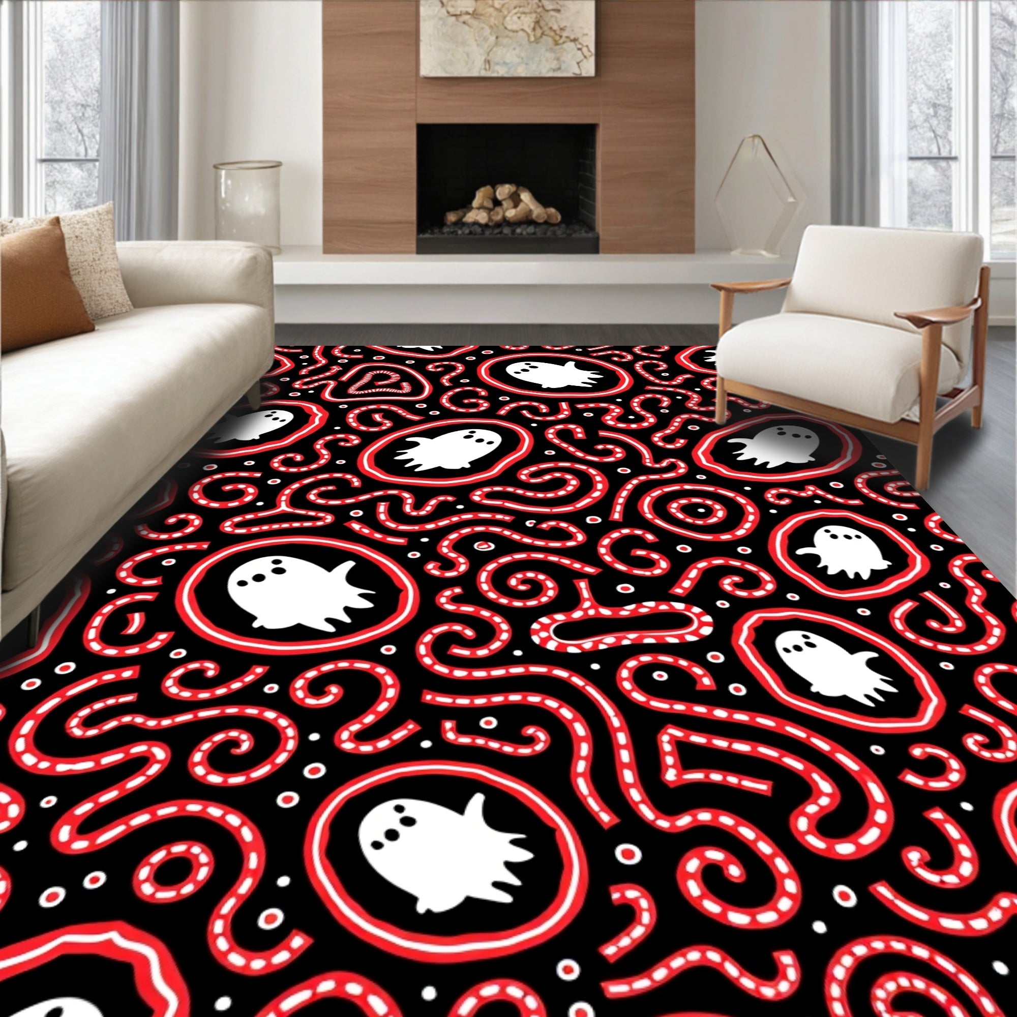 Spooky Ghosts Red Swirls Black Rug