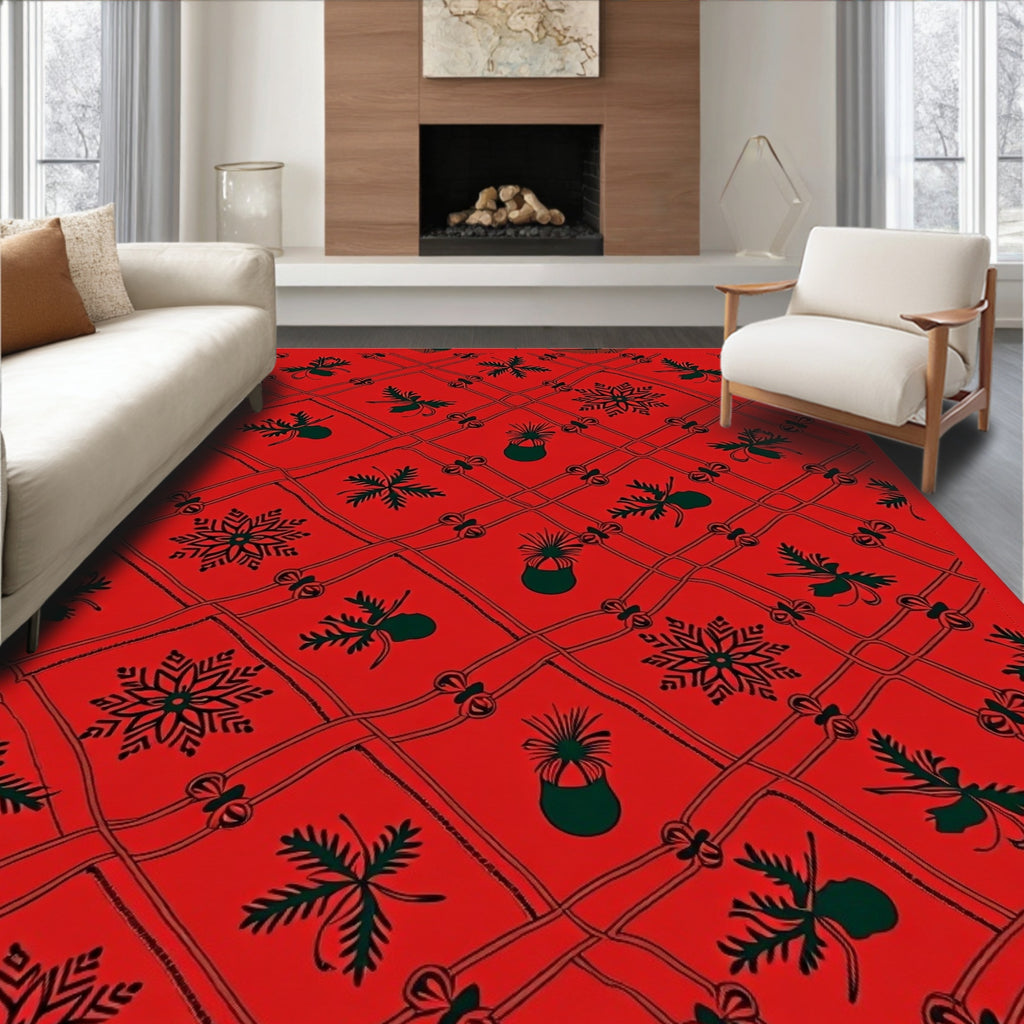 Crimson Red Holly Bow Snowflake Net Rug