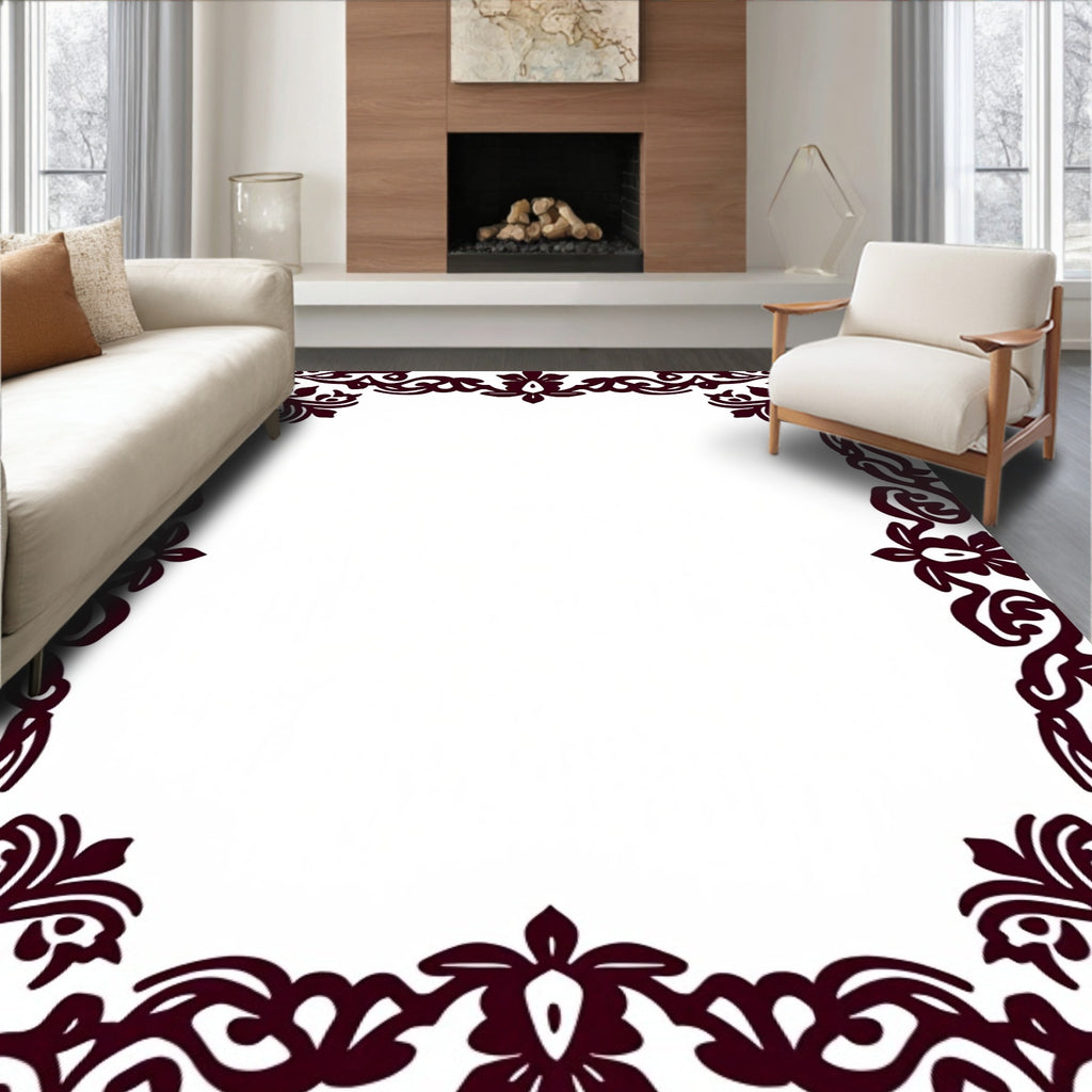 Dark Red Floral Scroll Border Rug