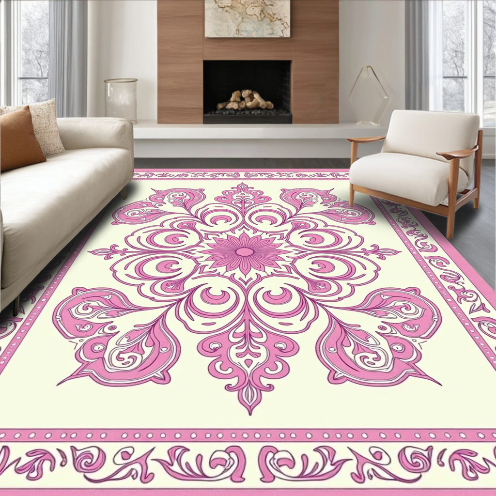 Pink Floral Scroll Medallion Rug
