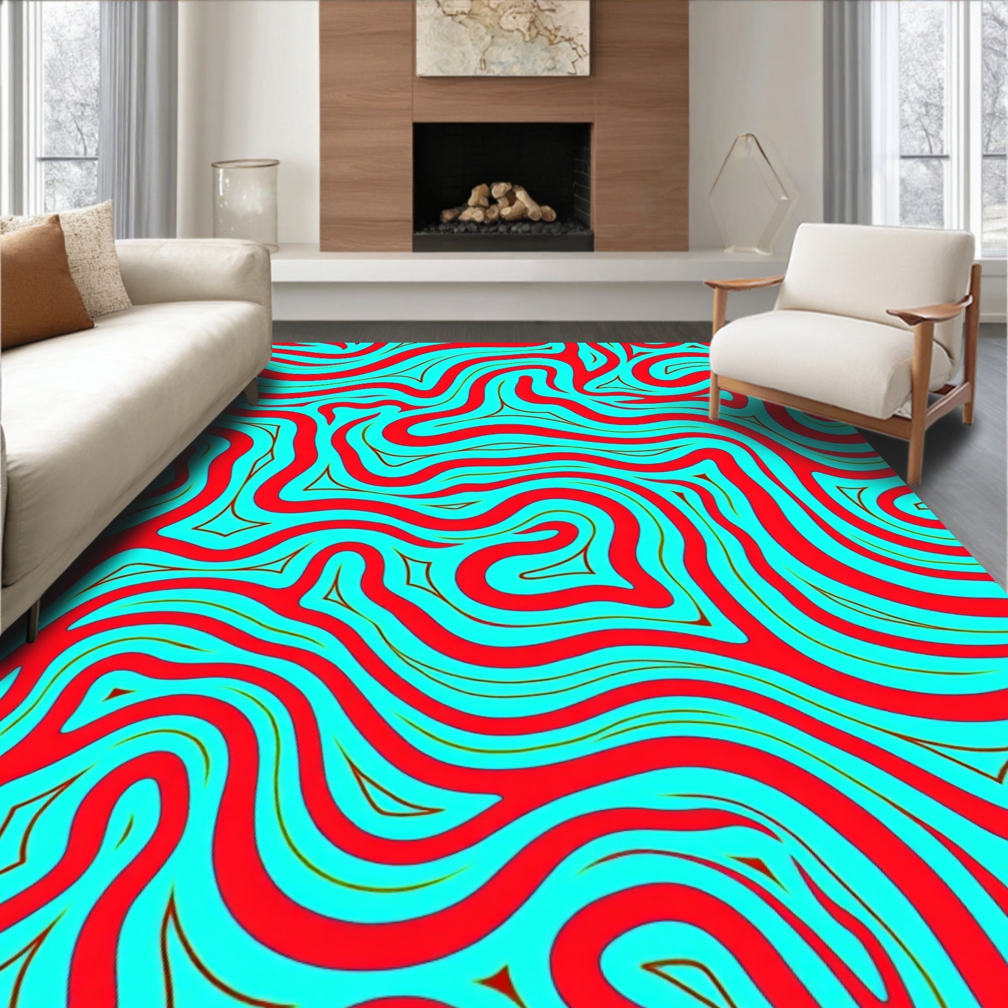 Vibrant Red Aqua Swirl Abstract Rug