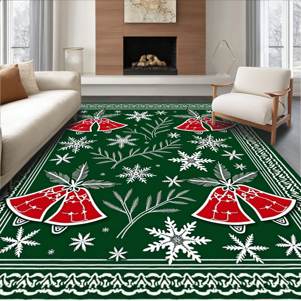 Festive Red Bell Snowflakes Border Rug