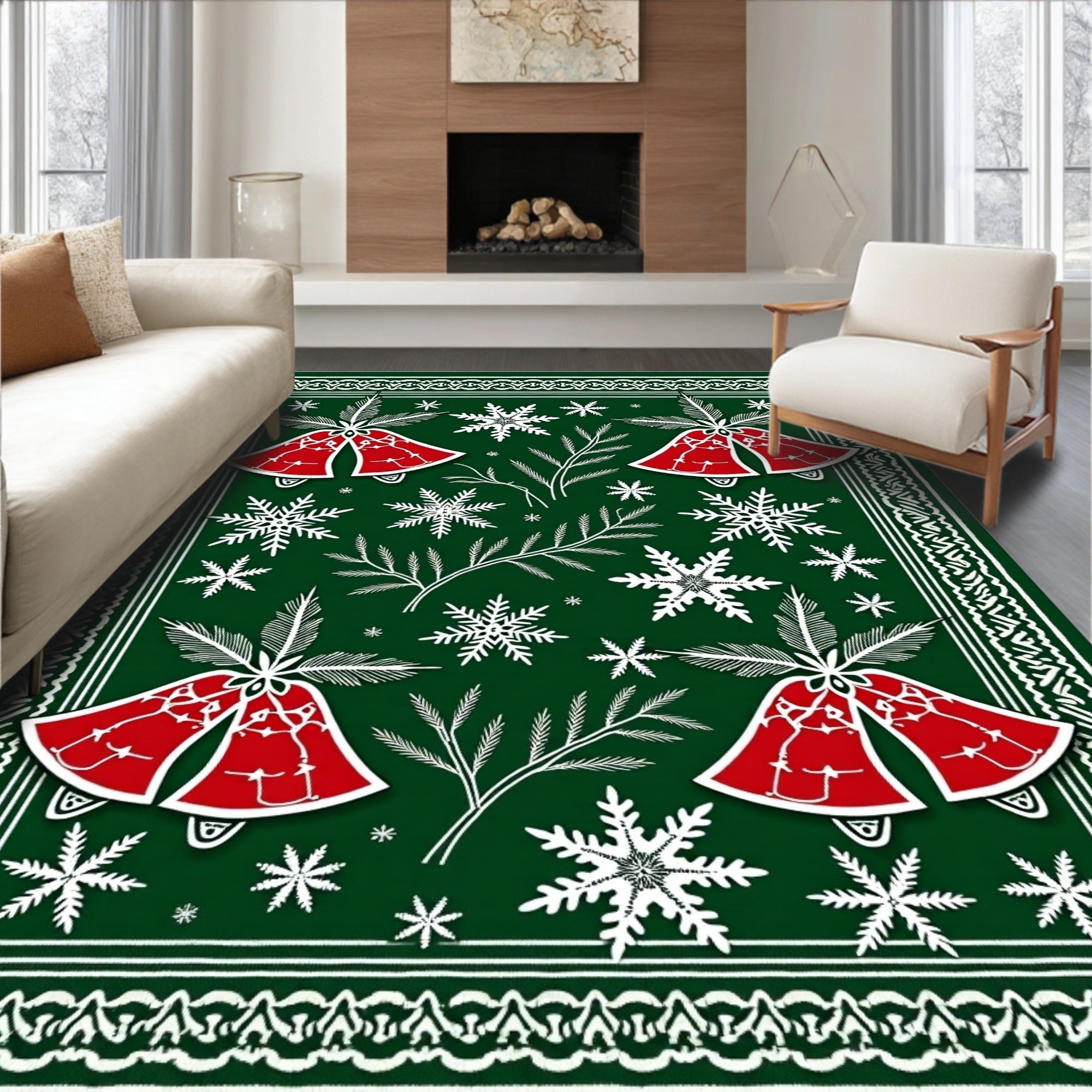 Festive Red Bell Snowflakes Border Rug