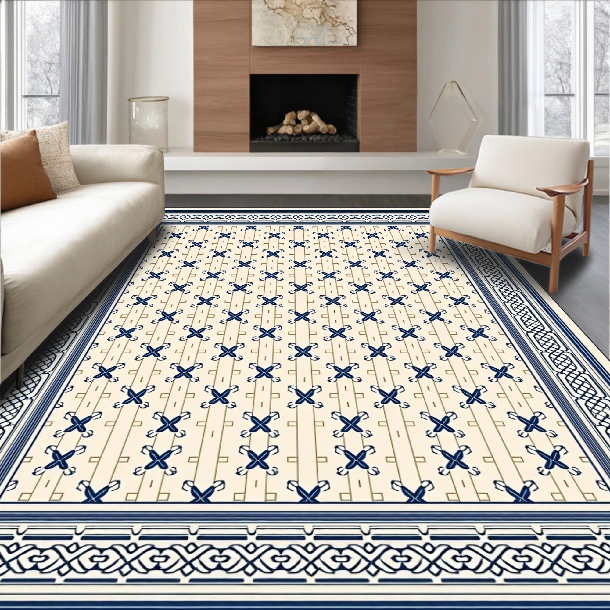 Navy Blue Cream Trellis Border Rug