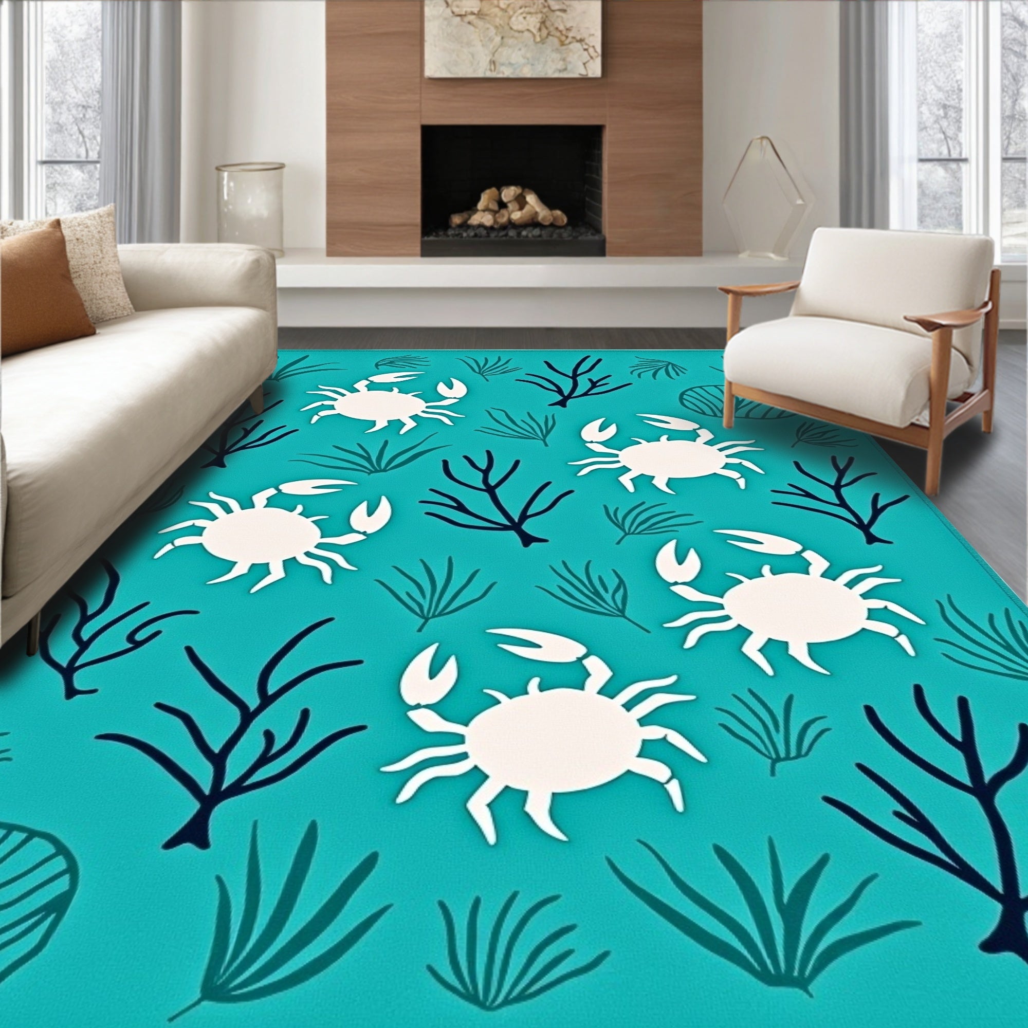 Coastal Blue White Crab Seaweed Ensemble Rug