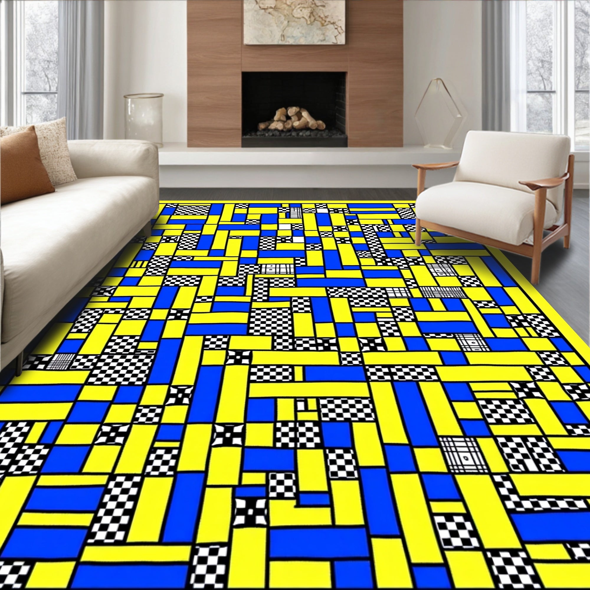 Yellow Blue Black Geometric Blocks Rug