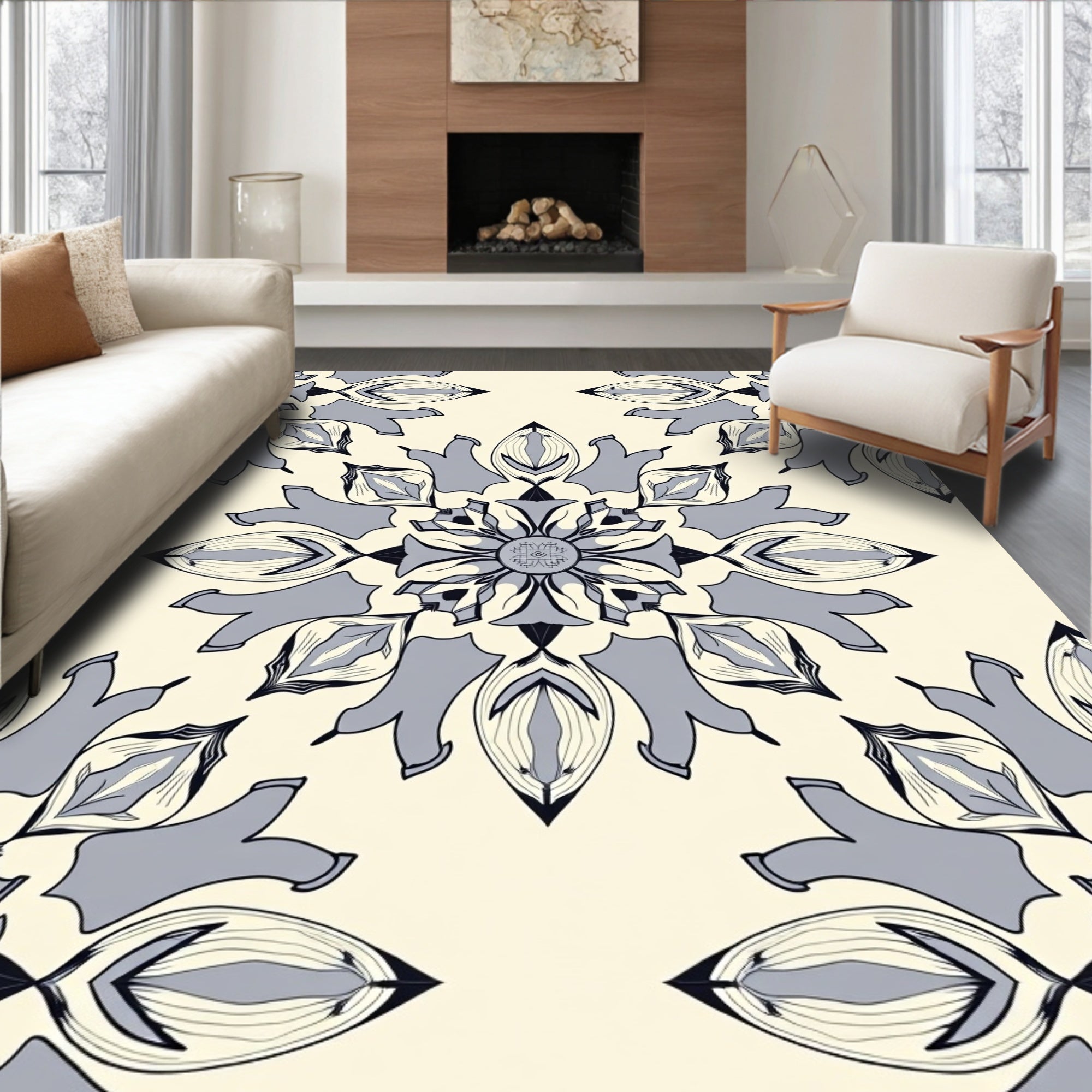 Gray Cream Floral Mandala Rug