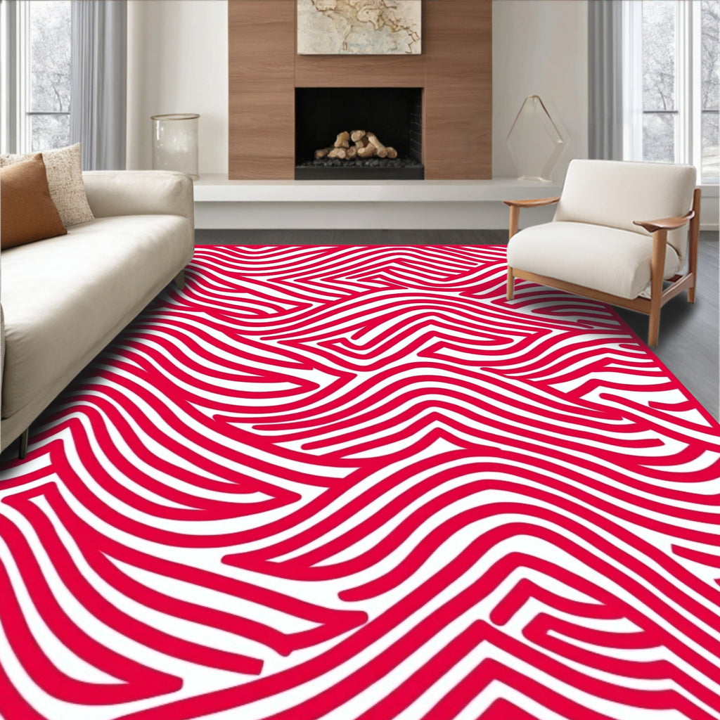 Crimson Wavy Lines Abstract Rug