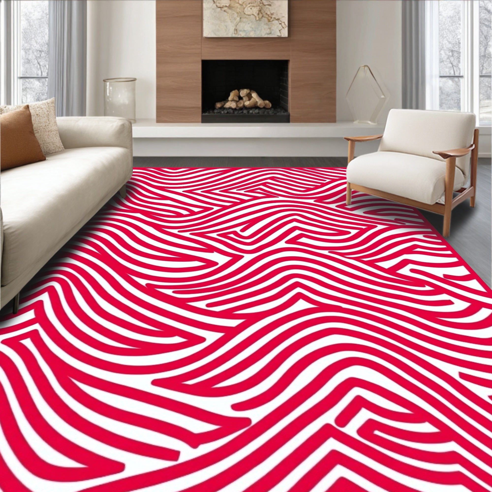 Crimson Wavy Lines Abstract Rug