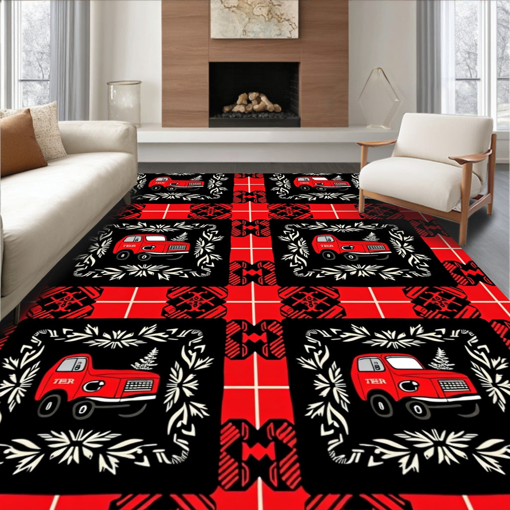 Red Black Plaid Truck Laurel Wreath Rug