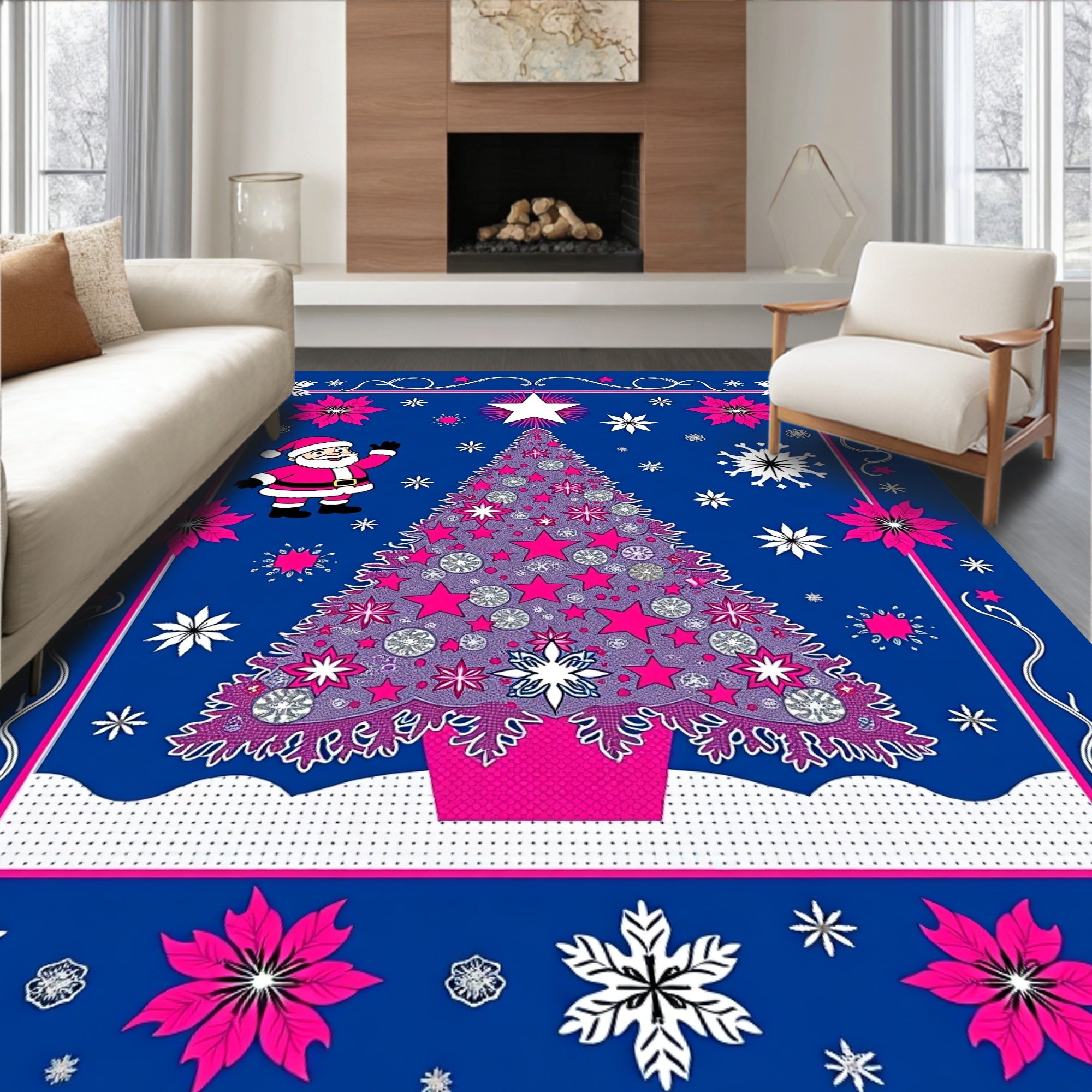 Fun Santa Pink Christmas Tree Rug