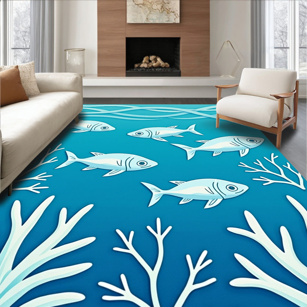 Oceanic Blue School Fish Art Rug