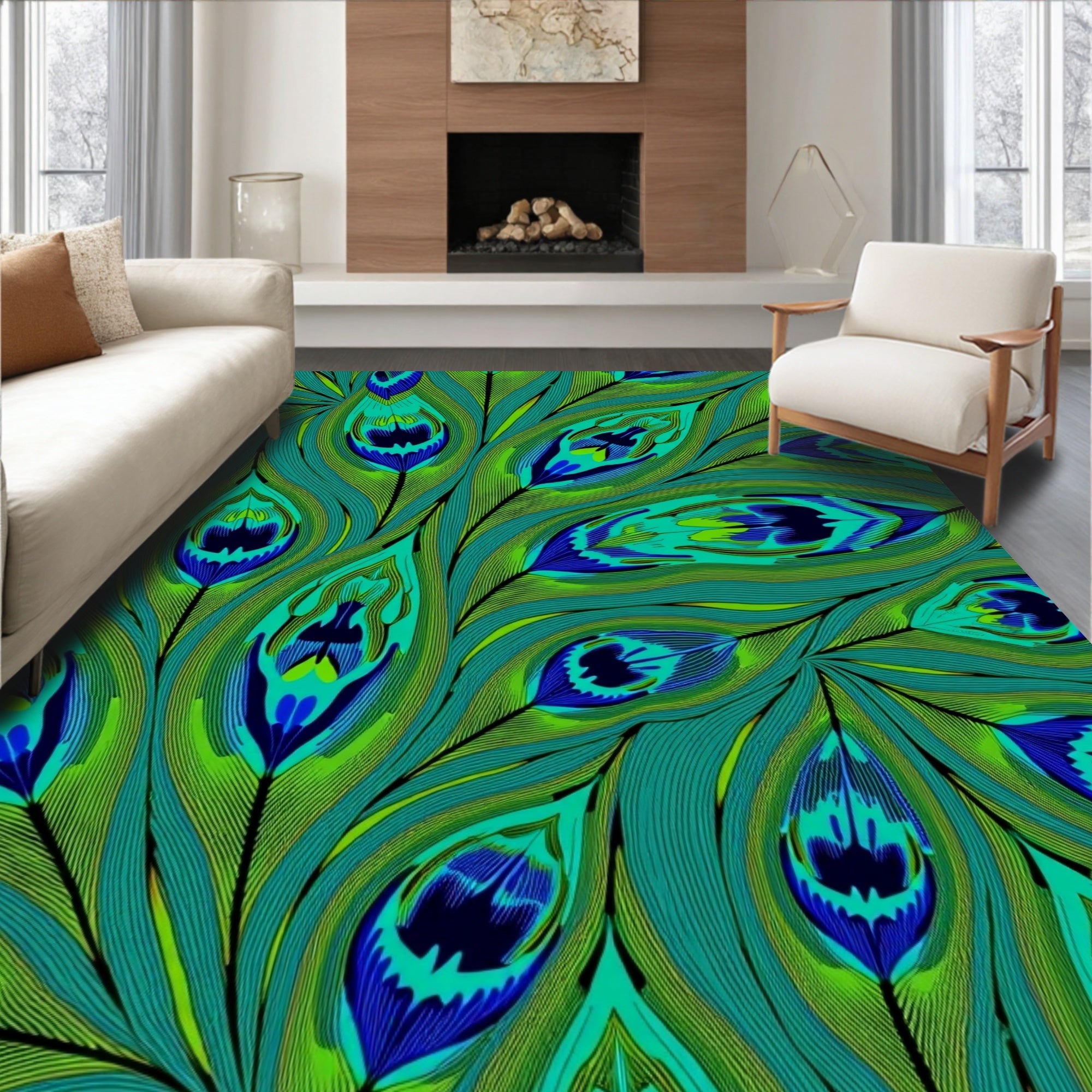 Emerald Blue Peacock Feather Swirls Rug