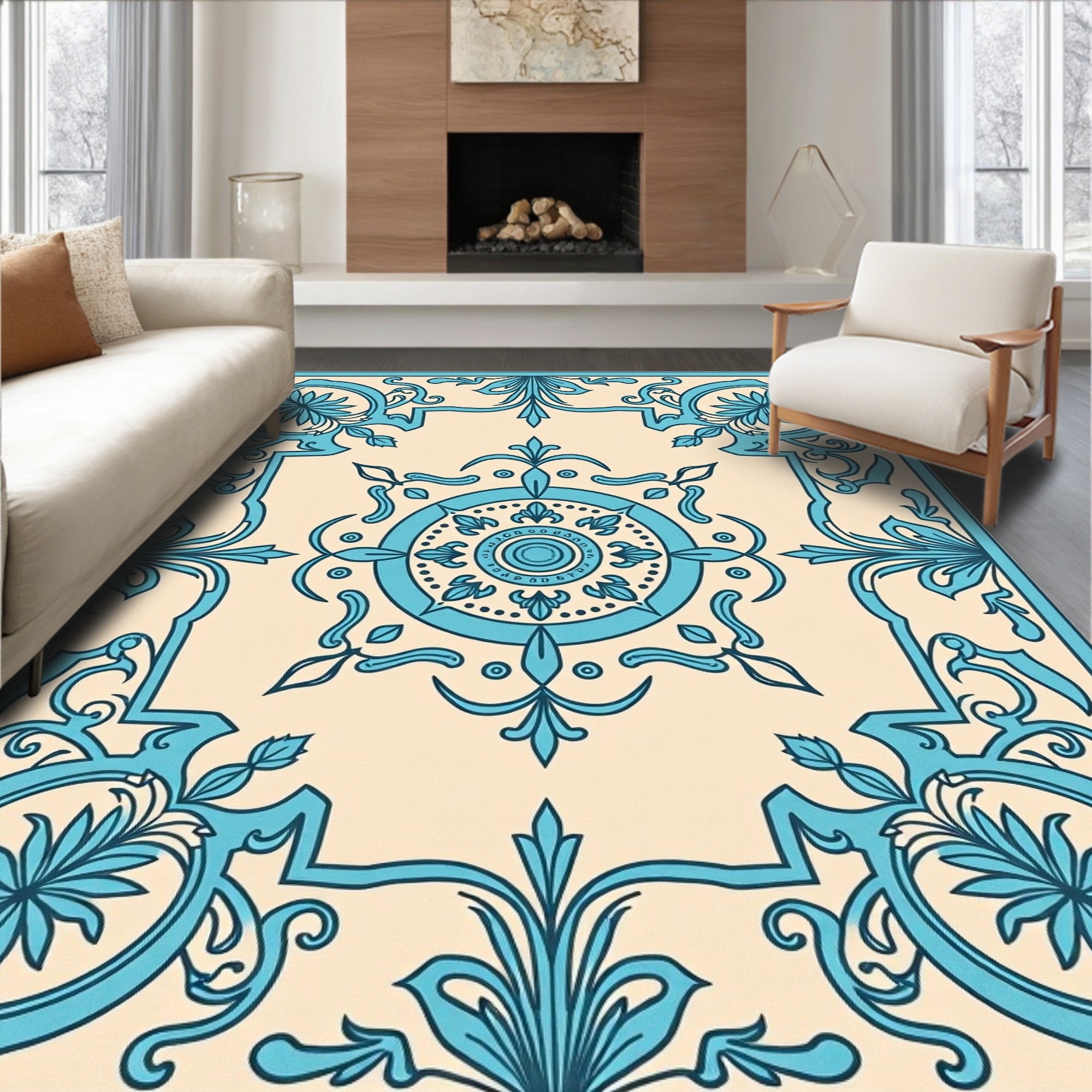 Turquoise Floral Medallion Cream Square Rug