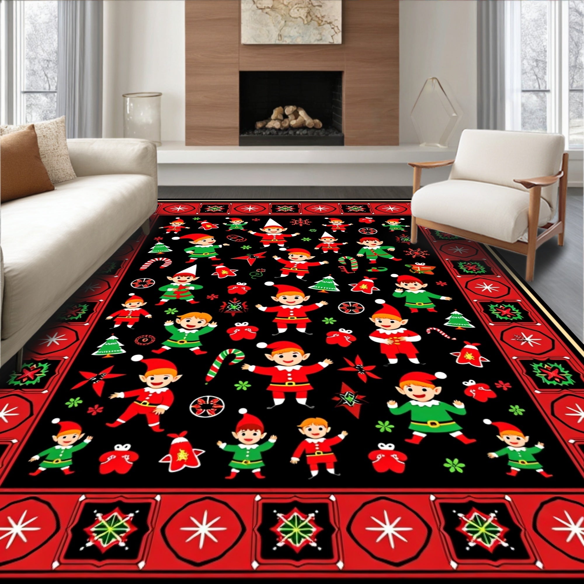 Festive Elf Holiday Christmas Characters Rug