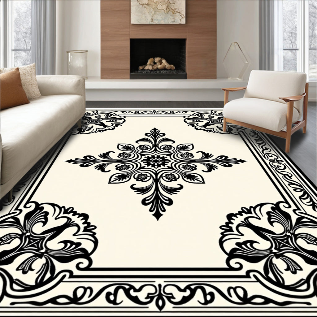 Classic Black Floral Scroll Square Rug