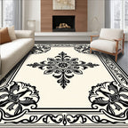 Classic Black Floral Scroll Square Rug