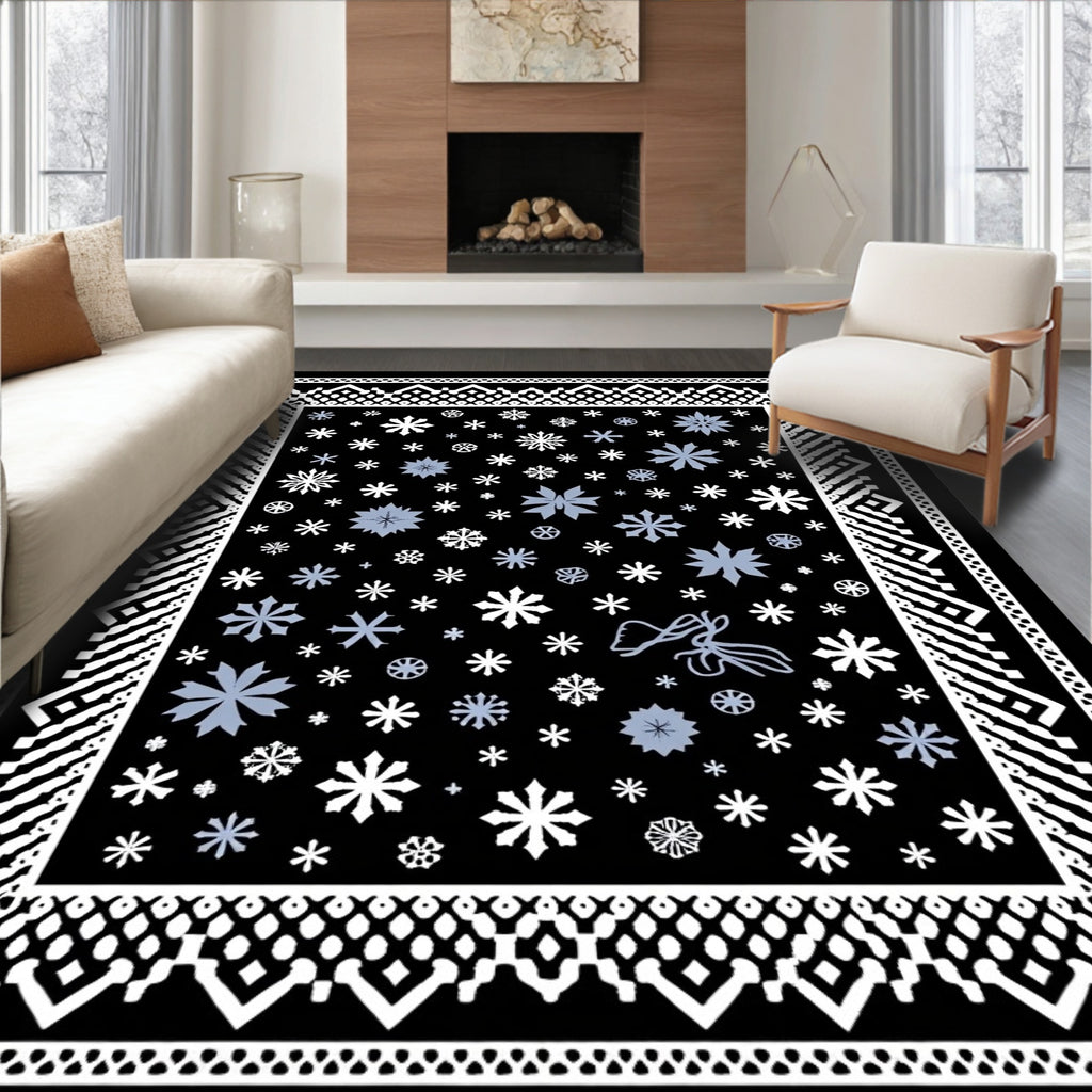 Winter Snowflake Black Blue Geometric Rug