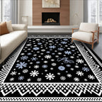 Winter Snowflake Black Blue Geometric Rug