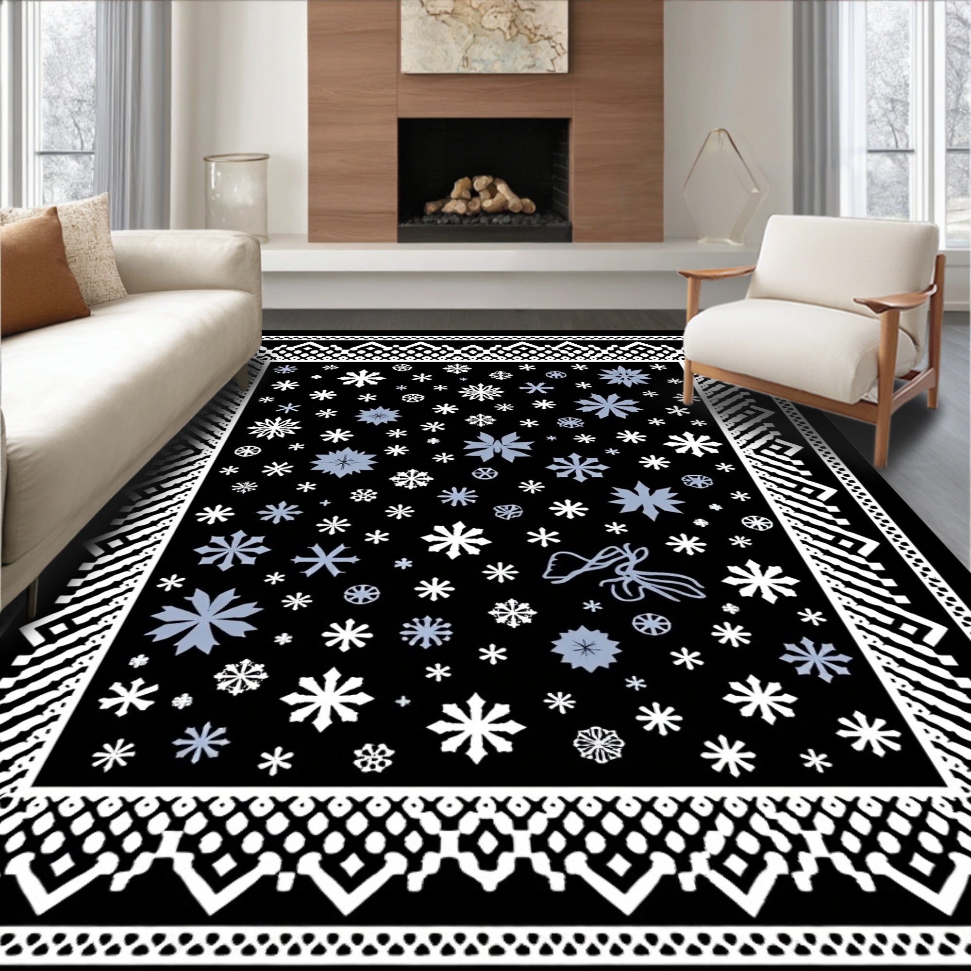 Winter Snowflake Black Blue Geometric Rug