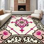Ornate Magenta Floral Medallion Ivory Rug