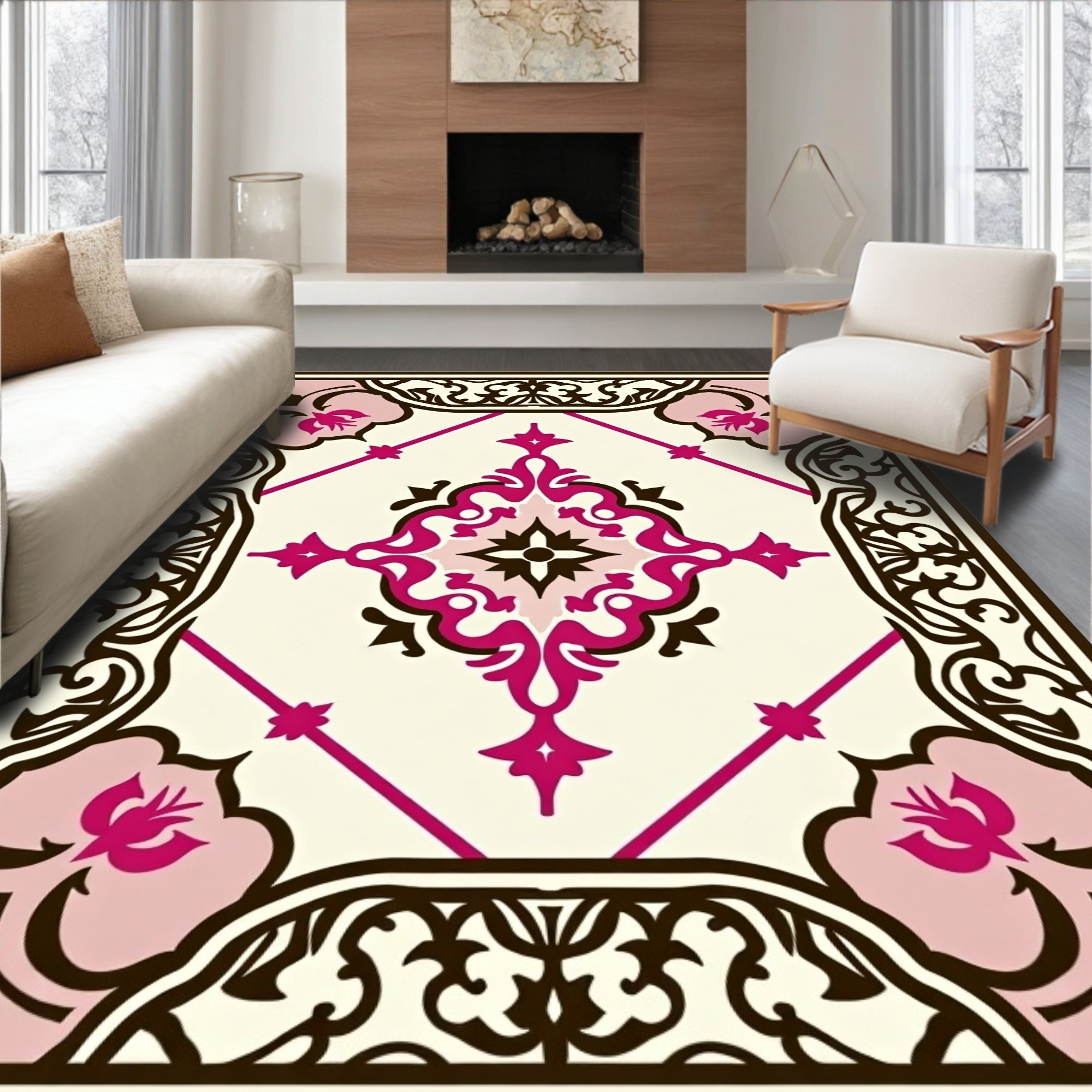 Ornate Magenta Floral Medallion Ivory Rug