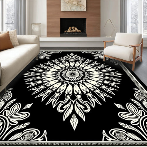 Black Cream Sunburst Mandala Bordered Rug