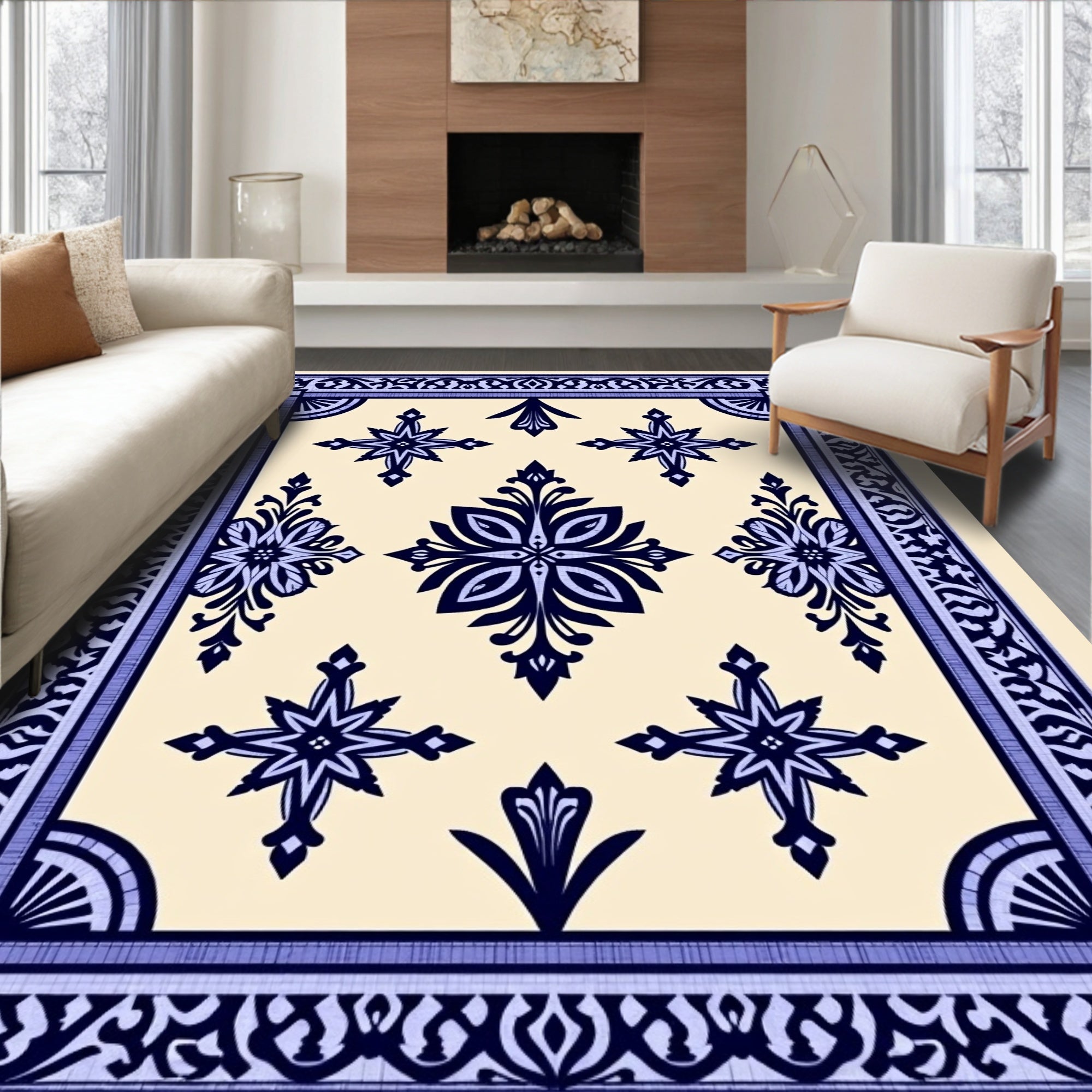 Navy Cream Symmetrical Geometric Medallion Rug