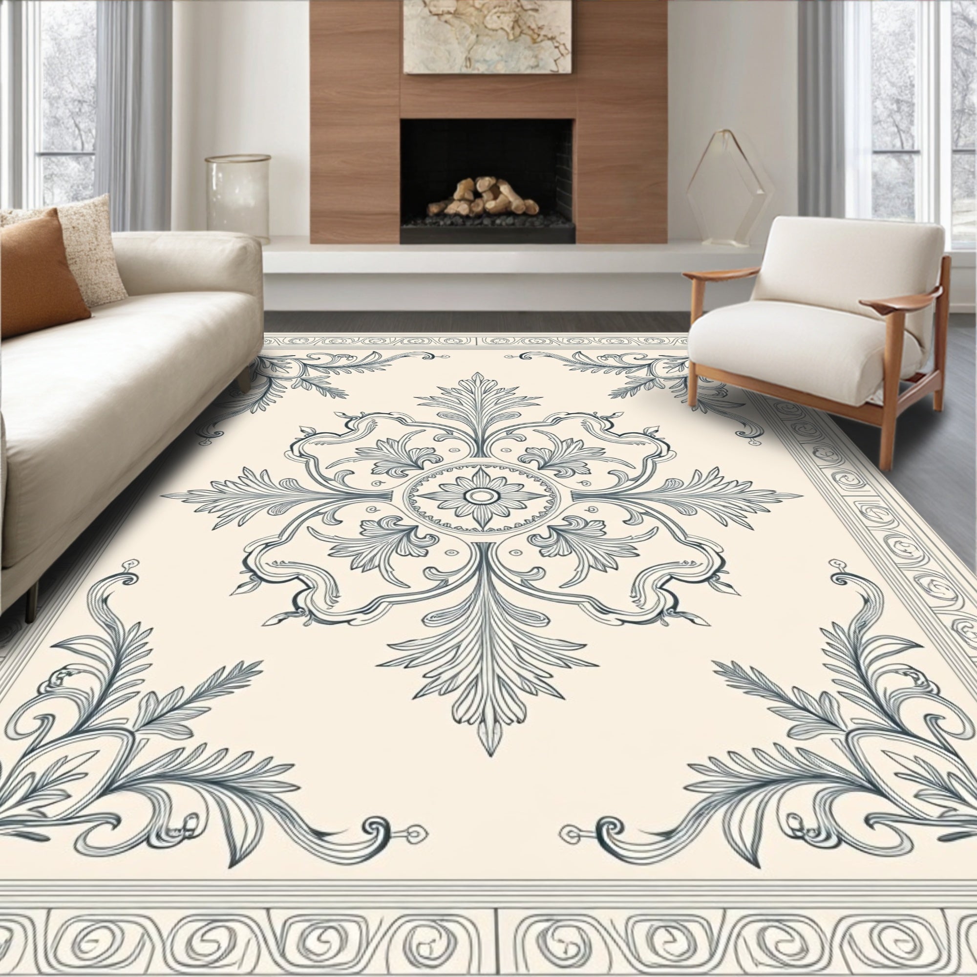 Classic Beige Filigree Floral Medallion Rug