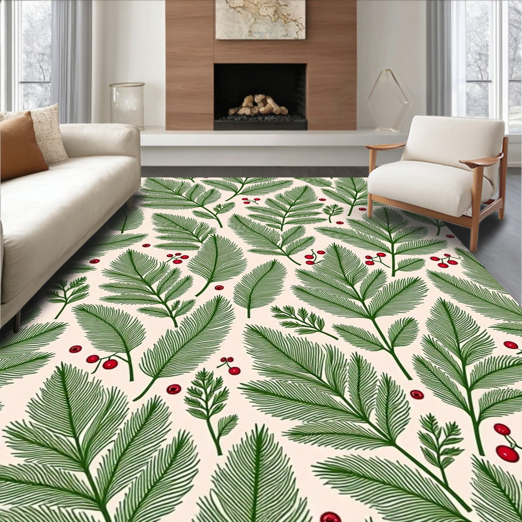 Green Pine Fern with Red Berries Rug