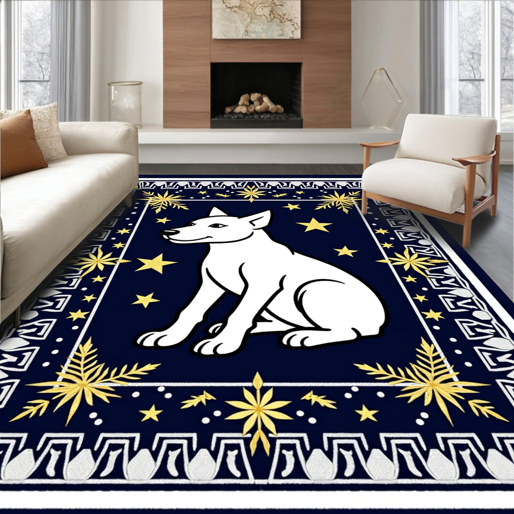 White Dog Golden Stars Navy Border Rug