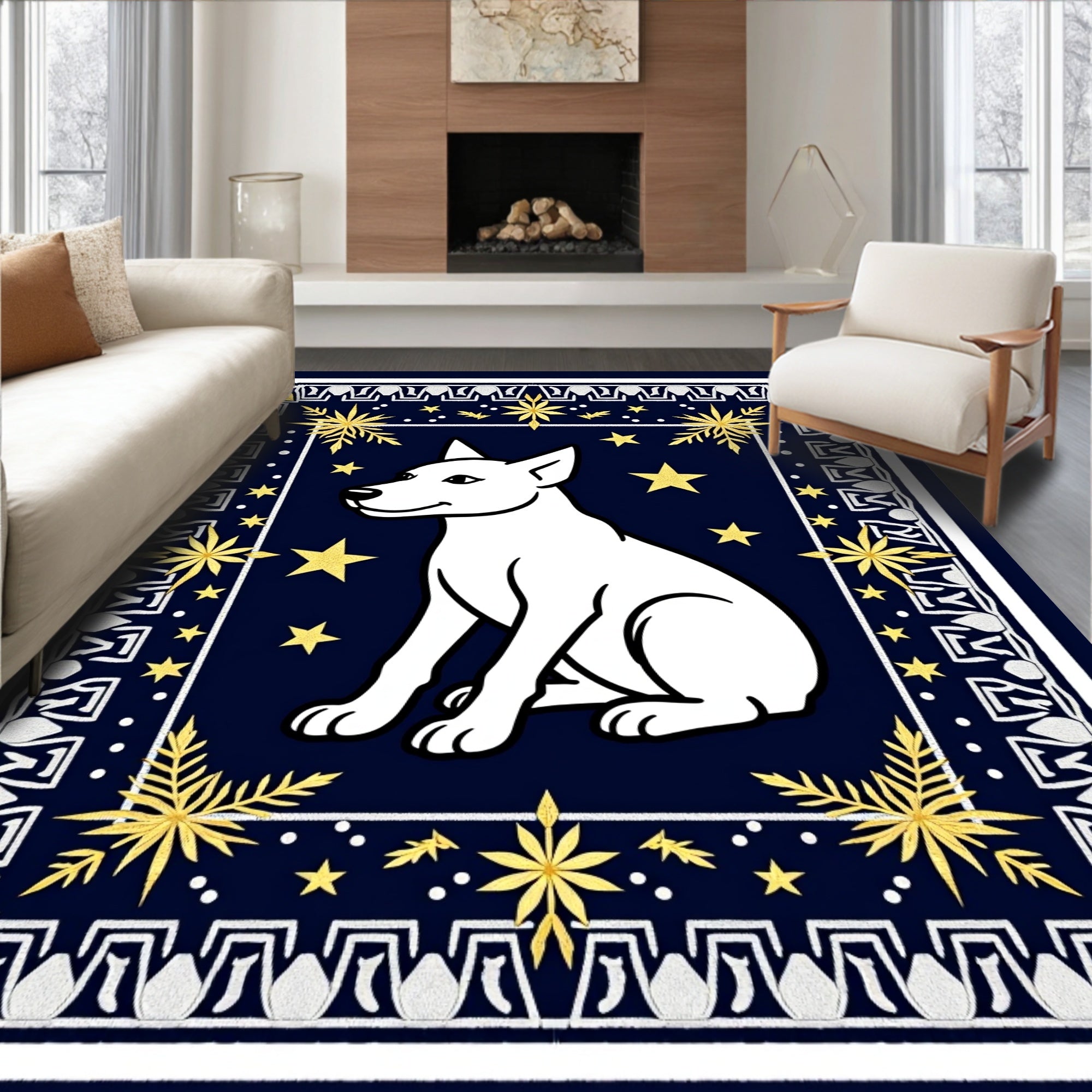 White Dog Golden Stars Navy Border Rug