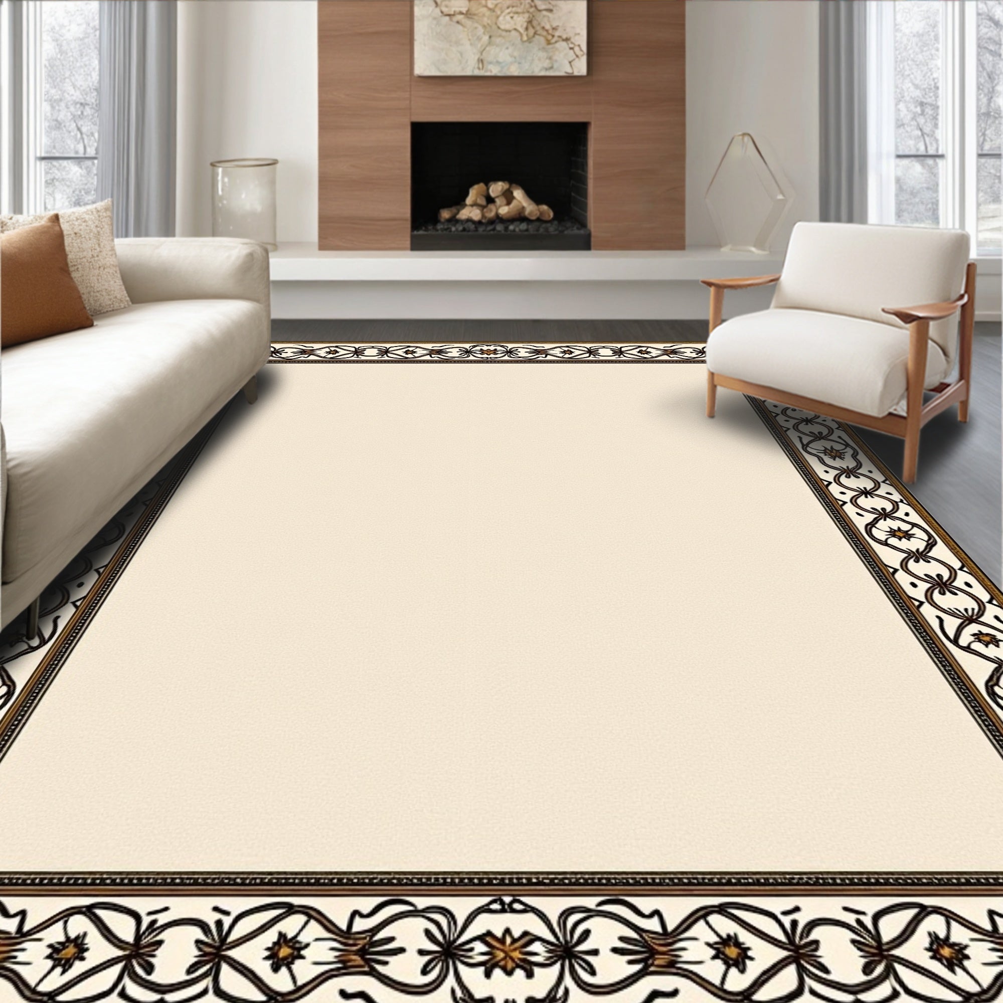 Elegant Ivory Brown Floral Border Rug
