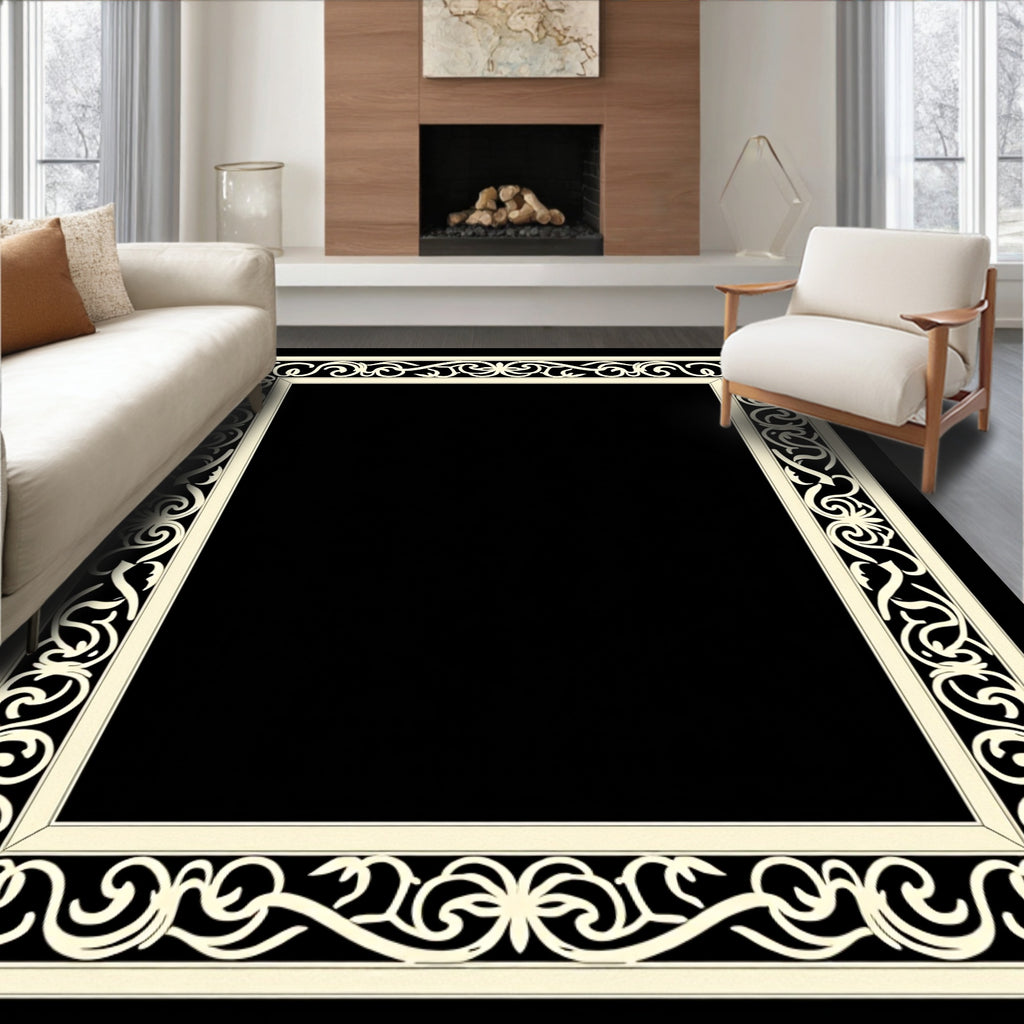 Cream Elaborate Scroll Border Rug