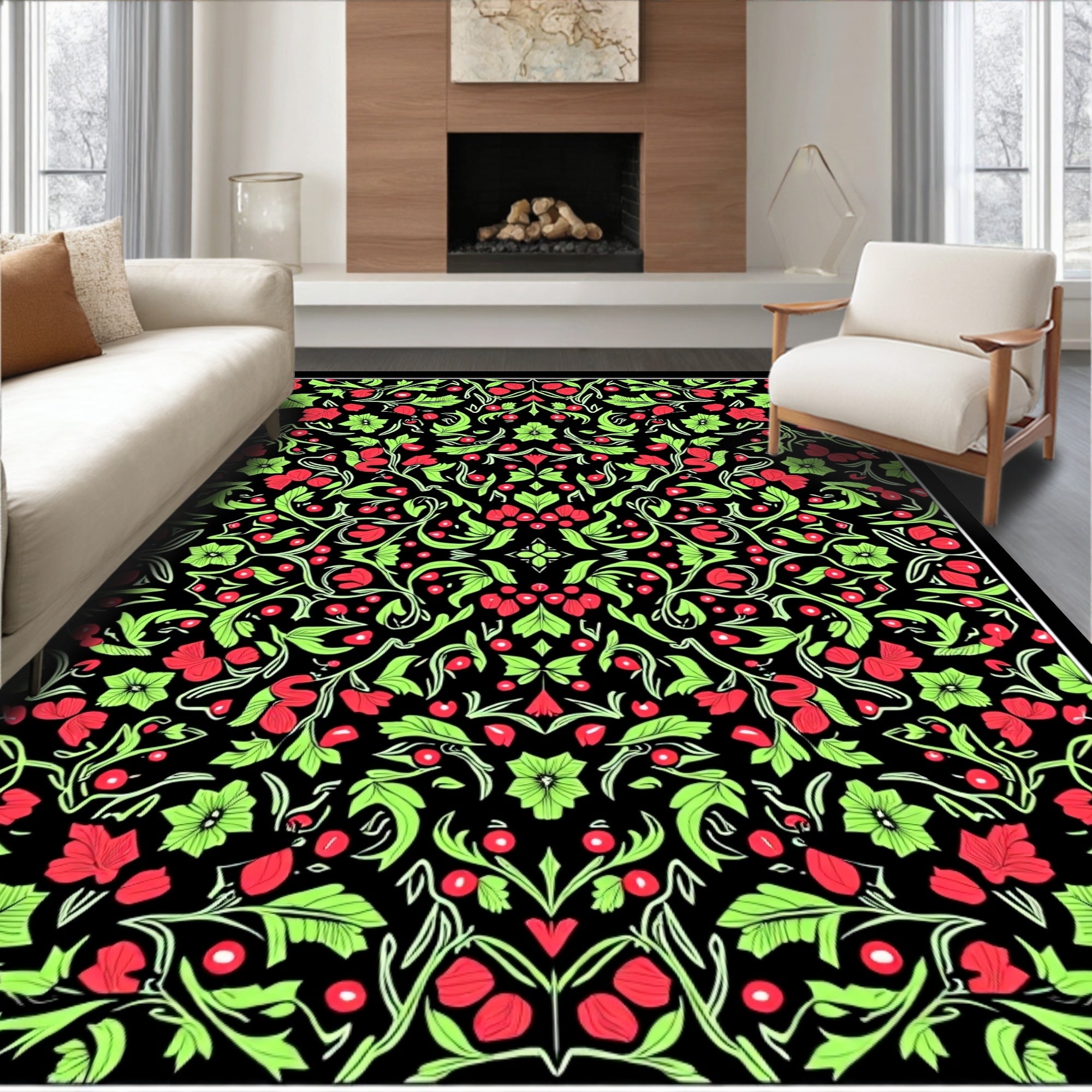 Black Floral Vine Red Berry Rug
