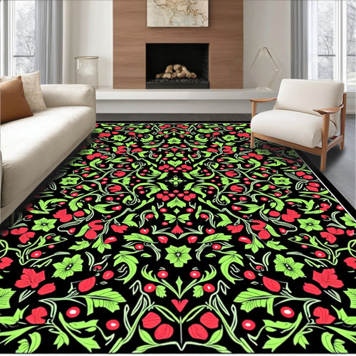 Black Floral Vine Red Berry Rug