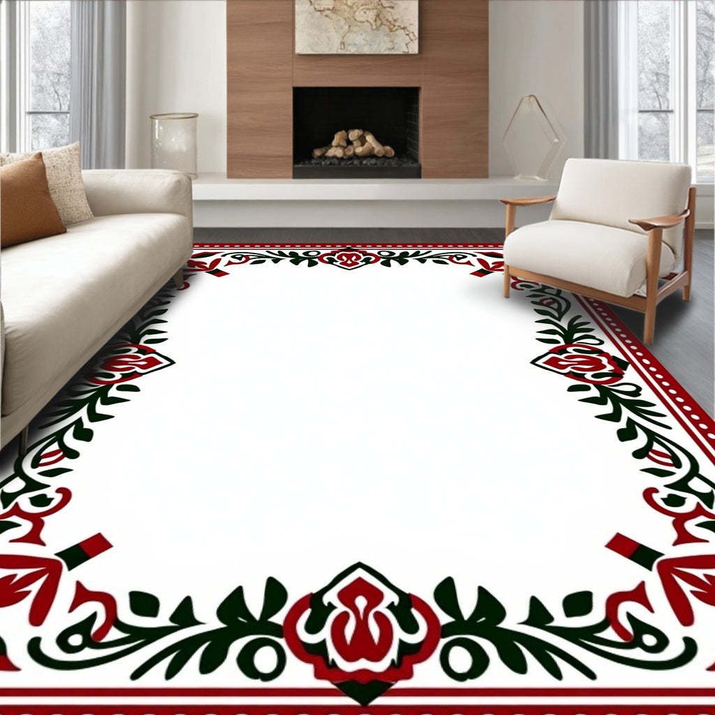 Crimson Dark Green Floral Vine Border Rug