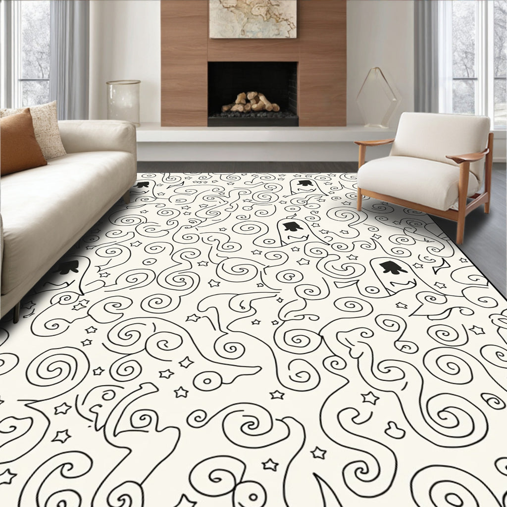 Whimsical Ghost Swirl Star Black and White Rug