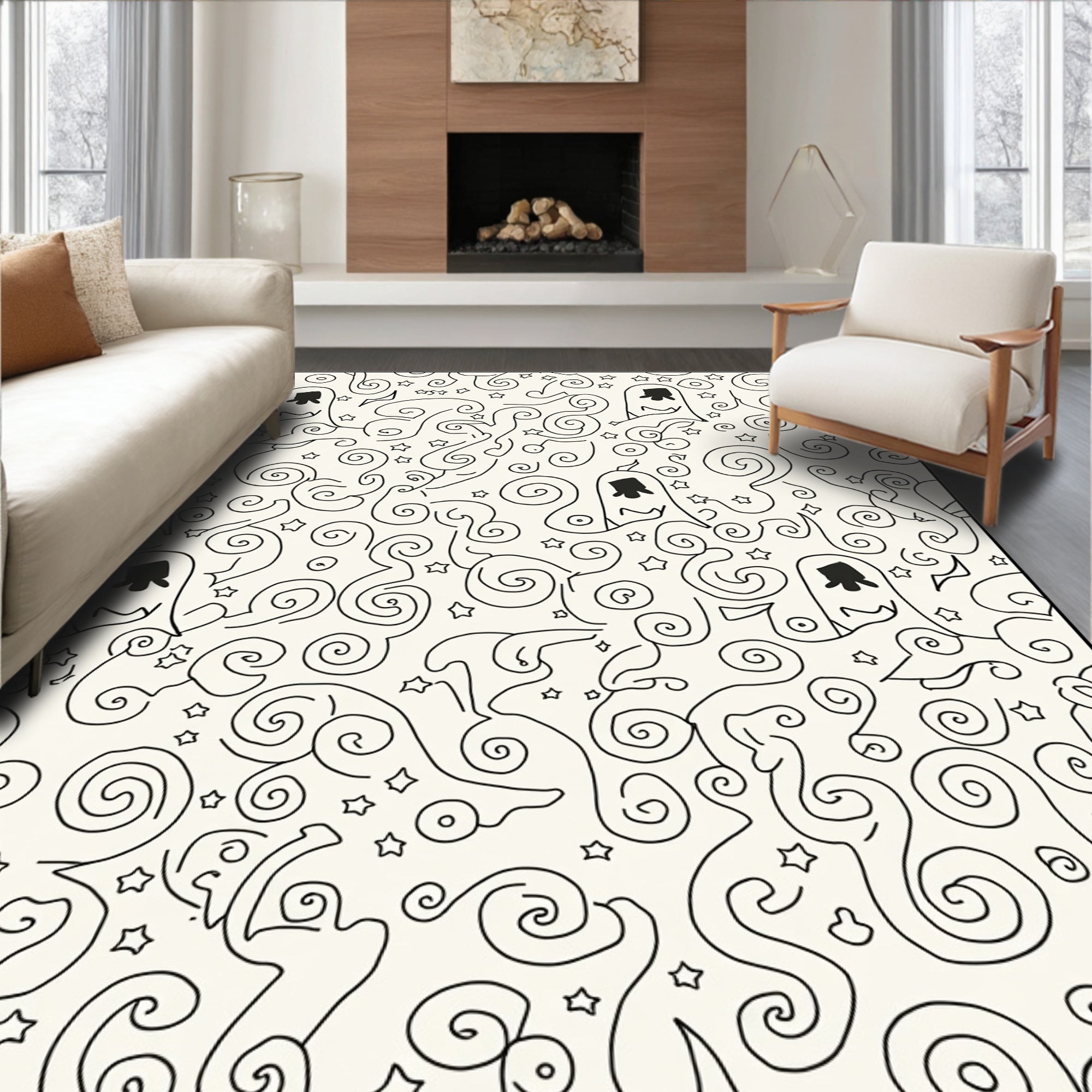 Whimsical Ghost Swirl Star Black and White Rug