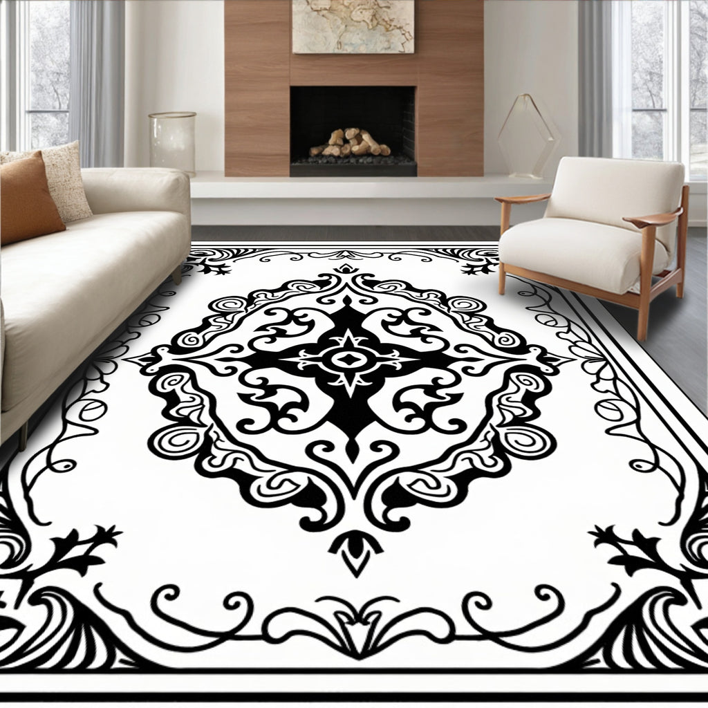Classic Black White Scrollwork Medallion Rug