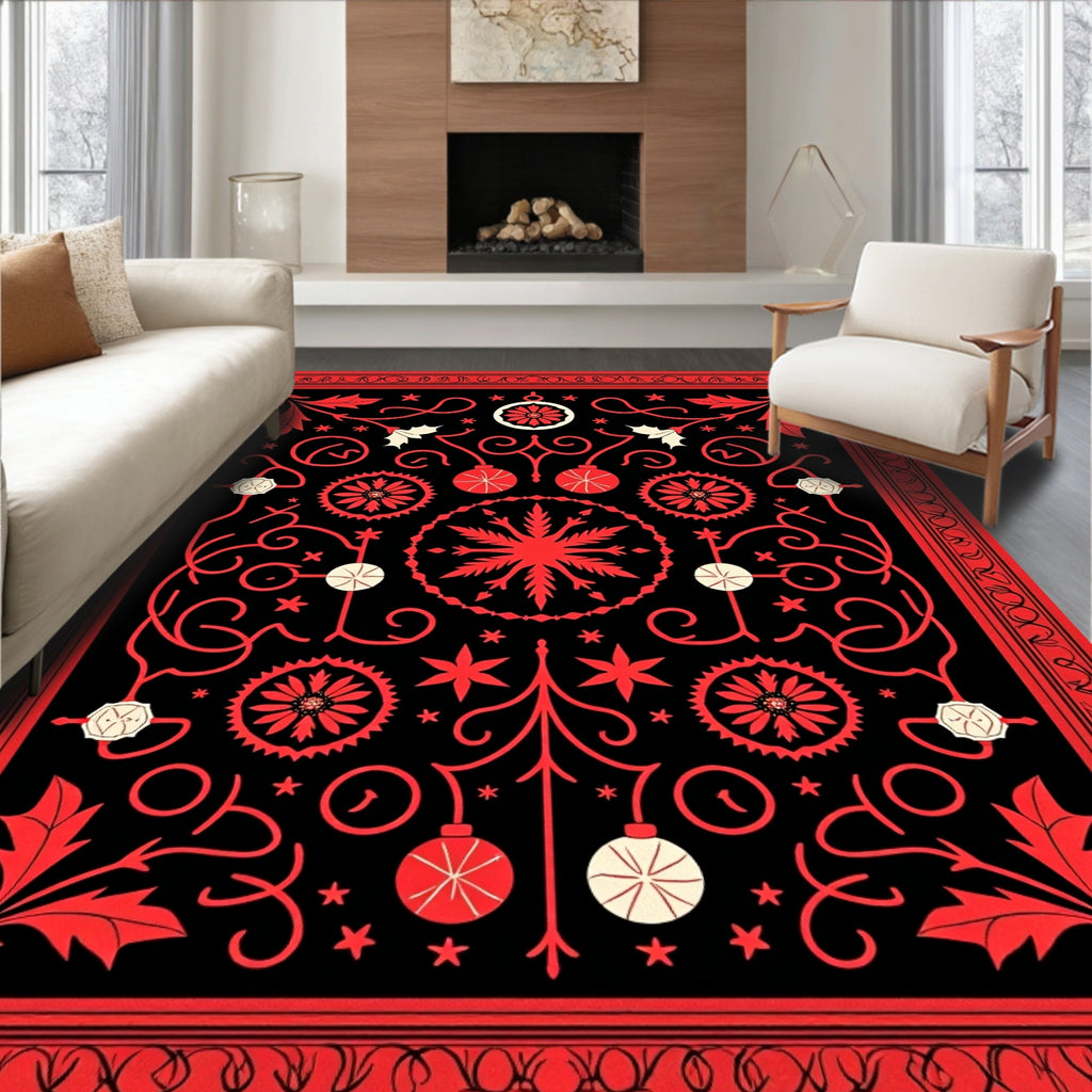 Crimson Red Festive Ornate Christmas Rug